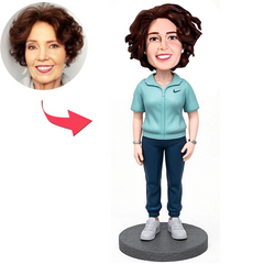 Frau Trägt Blaues Nike Shirt Benutzerdefinierter Wackelkopfs