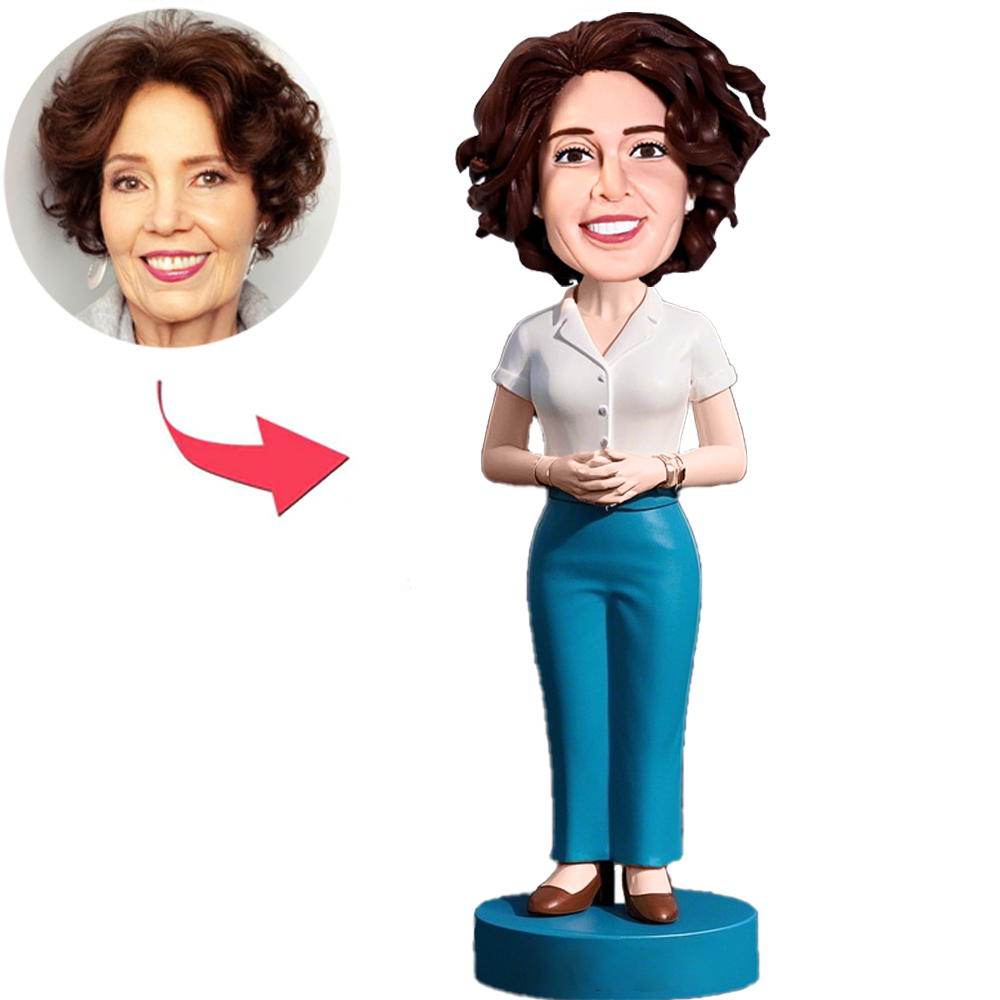 Frau Die Weißes Hemd Und Cyanfarbene Hosen Trägt Benutzerdefinierter Wackelkopfs