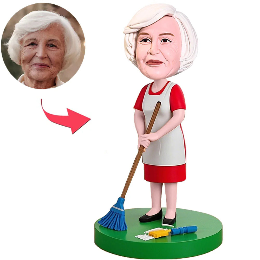 Frau Fegt Den Boden Mit Besen Benutzerdefinierter Wackelkopf