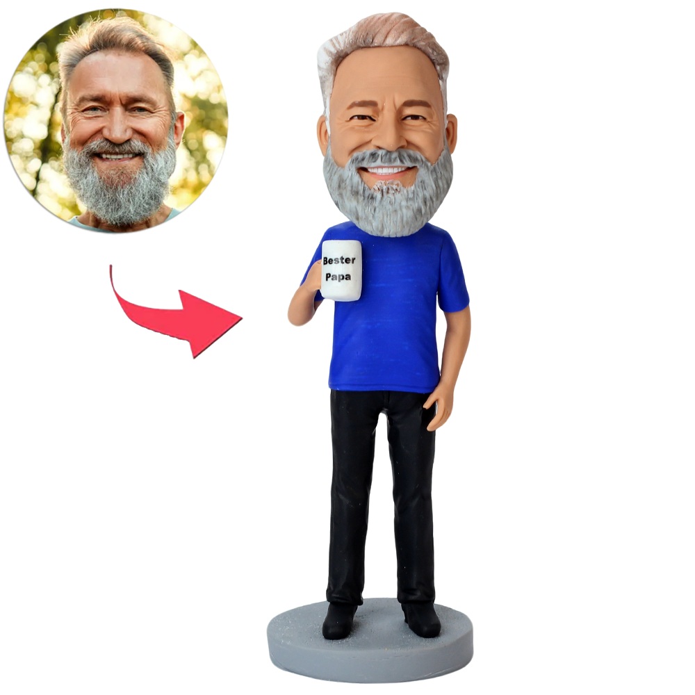 Mann Im Blauen Hemd Hält Bester Papa Tasse Benutzerdefinierte Wackelköpfe