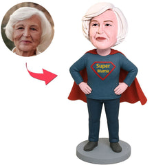 Mama Im Dunkelblauen Und Grauen Super Mom Outfit Benutzerdefinierter Bobbleheads