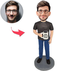 Kundenspezifischer Bobbleheads Holding Cup Bester Chef aller Zeiten addieren Text