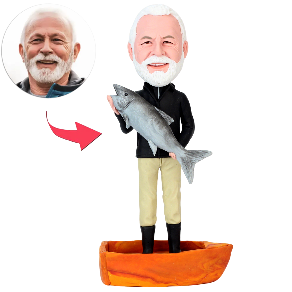 Mann hält großen Fisch auf dem Boot Benutzerdefinierte Wackelköpfe