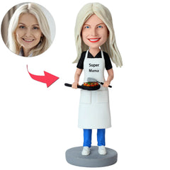 Frau Trägt Super Mama Schürze Und Macht Pizza Benutzerdefinierte Bobbleheads