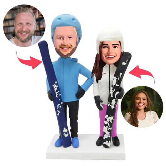 Holding Skis Couple Custom Bobblehead With Engraved Text