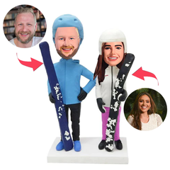 Holding Skis Couple Custom Bobblehead With Engraved Text