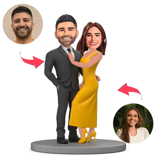 Schwarzer Anzug und gelbes Kleid Paar Kundenspezifische Bobbleheads