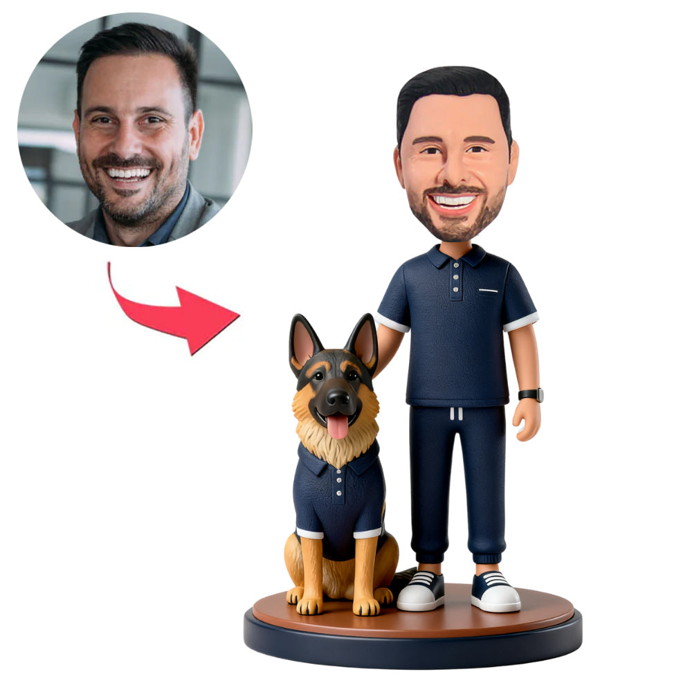 Mann und Deutscher Schäferhund mit passendem Hemd Benutzerdefinierte Bobbleheads