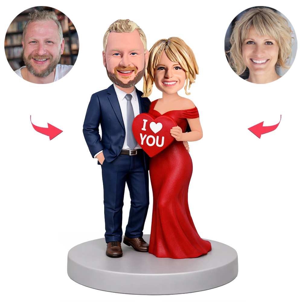 Paar hält rote Herzen mit Liebesbotschaften Benutzerdefinierte Bobbleheads