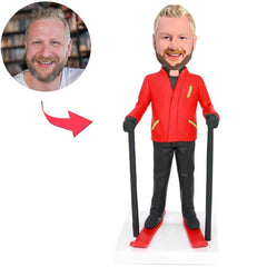 Man Wearing Orange Ski Suit Custom Bobbleheads With Engraved Text