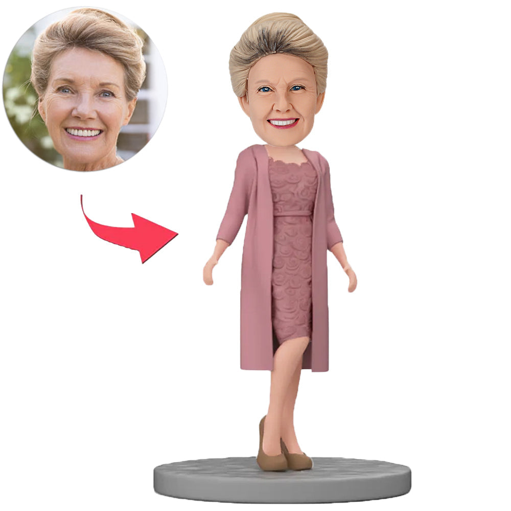 Frau Trägt Ein Grau-Violettes Kleid Mit Blumenmuster Benutzerdefinierte Wackelköpfe