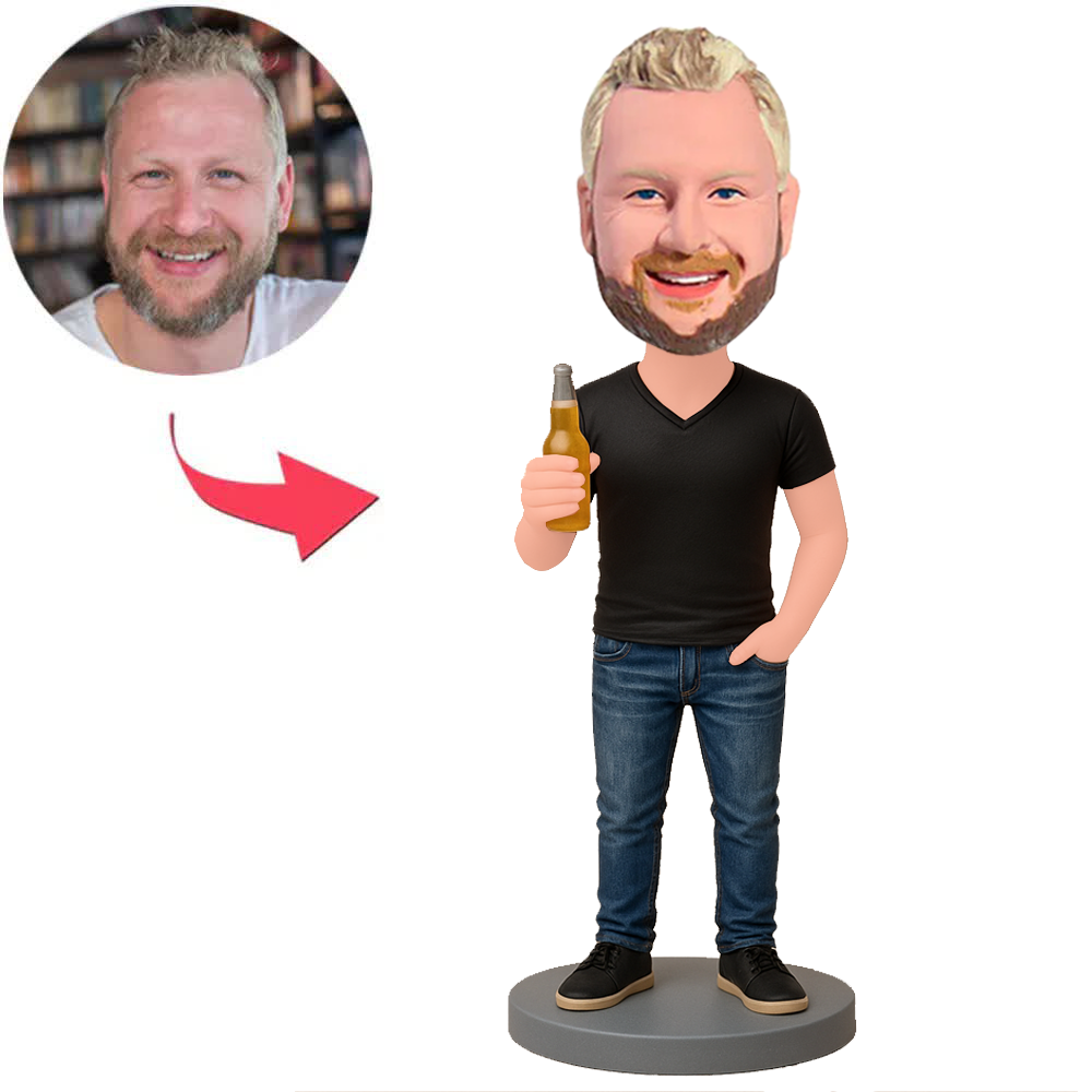 Mann in dunkelblauer Jeans mit Bier Benutzerdefinierte Bobbleheads