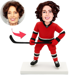 Weibliche Eishockeyspielerin in rotem Trikot Benutzerdefinierte Bobbleheads