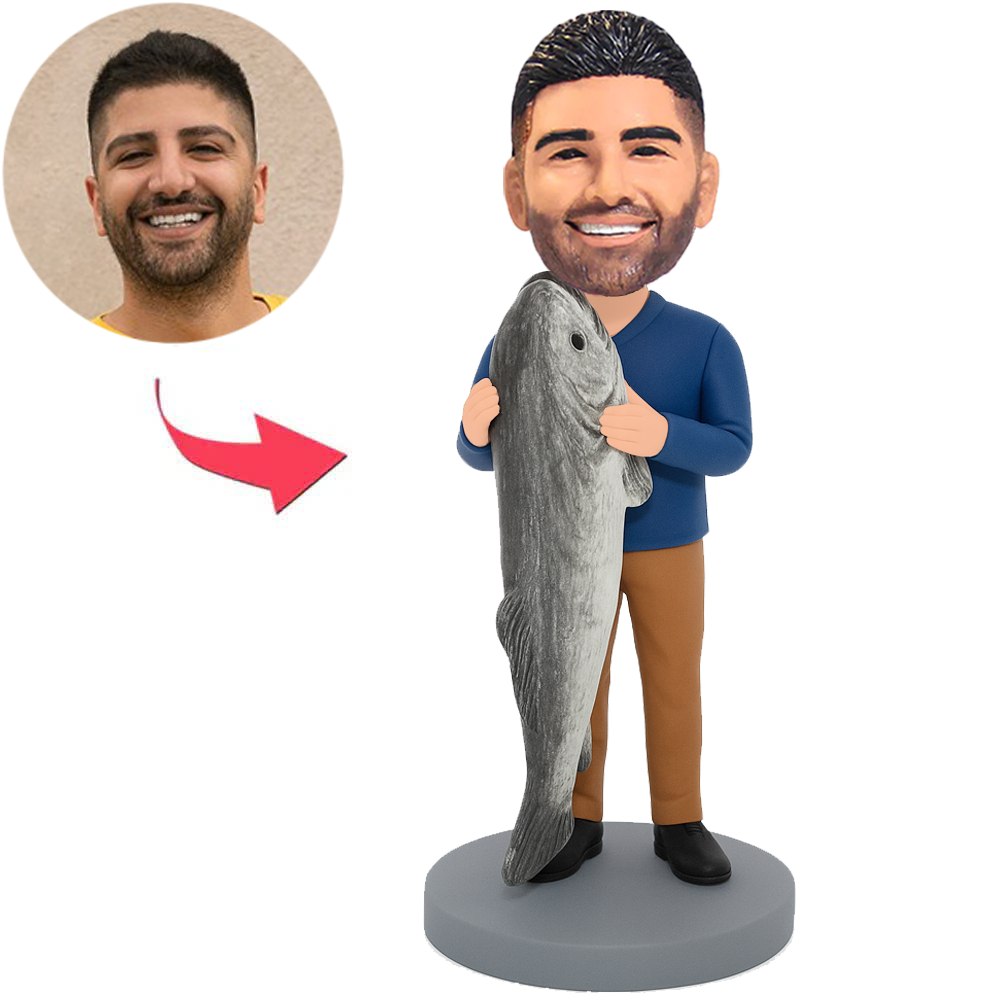 Mann in blauem Hemd mit großem Fisch Benutzerdefinierte Bobbleheads