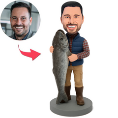 Mann in blauer Weste mit großem Fisch Benutzerdefinierte Bobbleheads