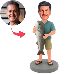 Mann in blauem Kurzarmhemd mit großem Fisch Benutzerdefinierte Bobbleheads