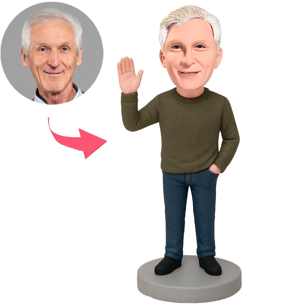 Mann hebt die Hand um Hallo zu sagen Benutzerdefinierte Wackelköpfe