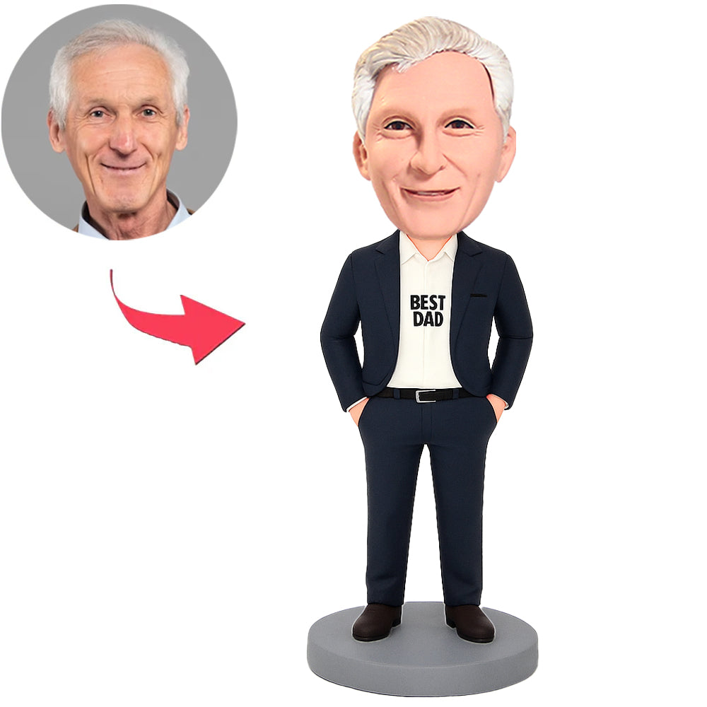 Bester Papa im blauen Anzug Hände in den Taschen Benutzerdefinierte Wackelköpfe
