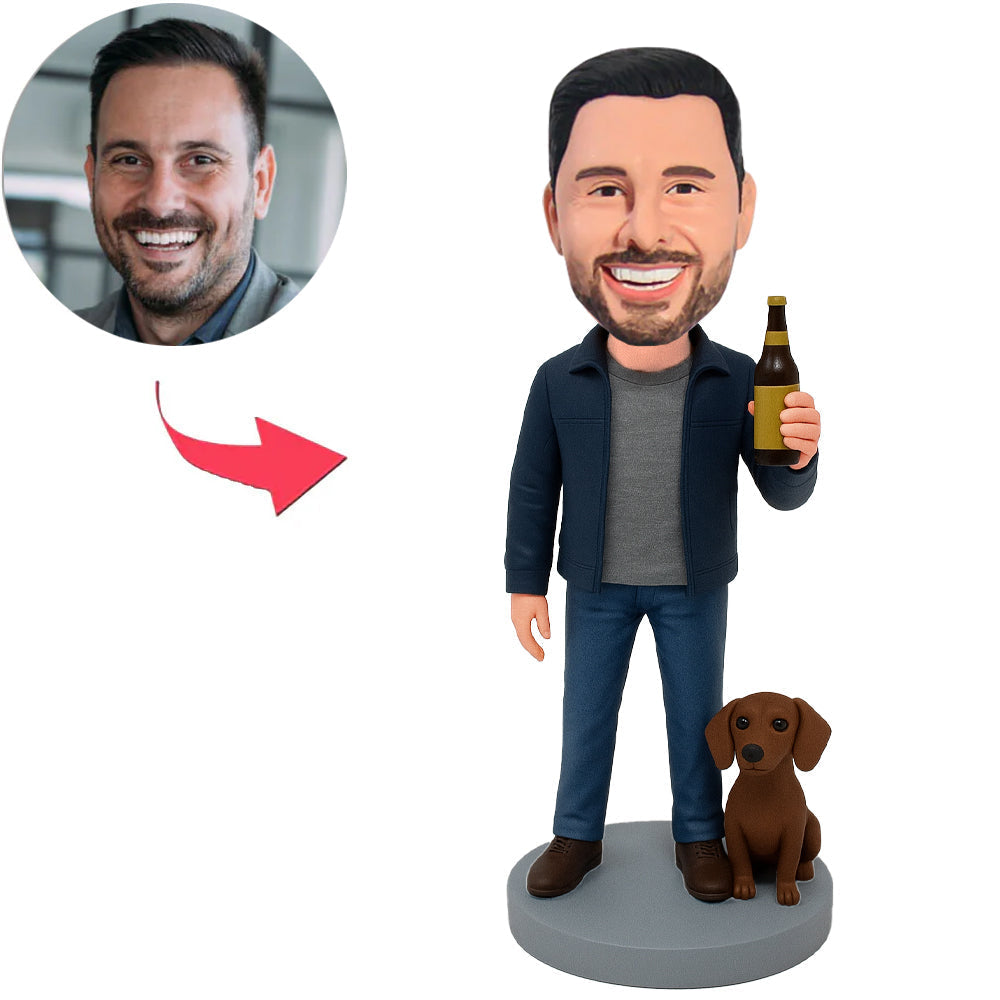 Mann hält Bierflasche mit Hund Benutzerdefinierte Wackelköpfe