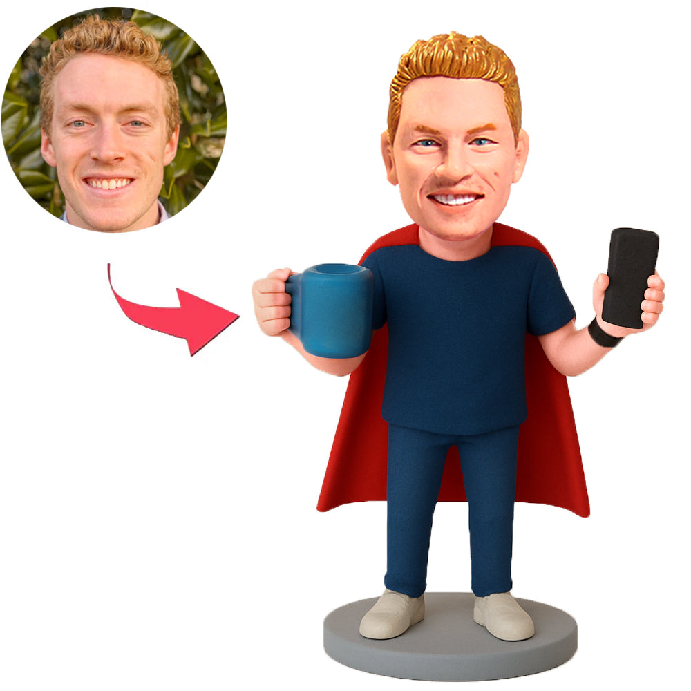 Mann mit Tasse und Handy Benutzerdefinierte Bobbleheads