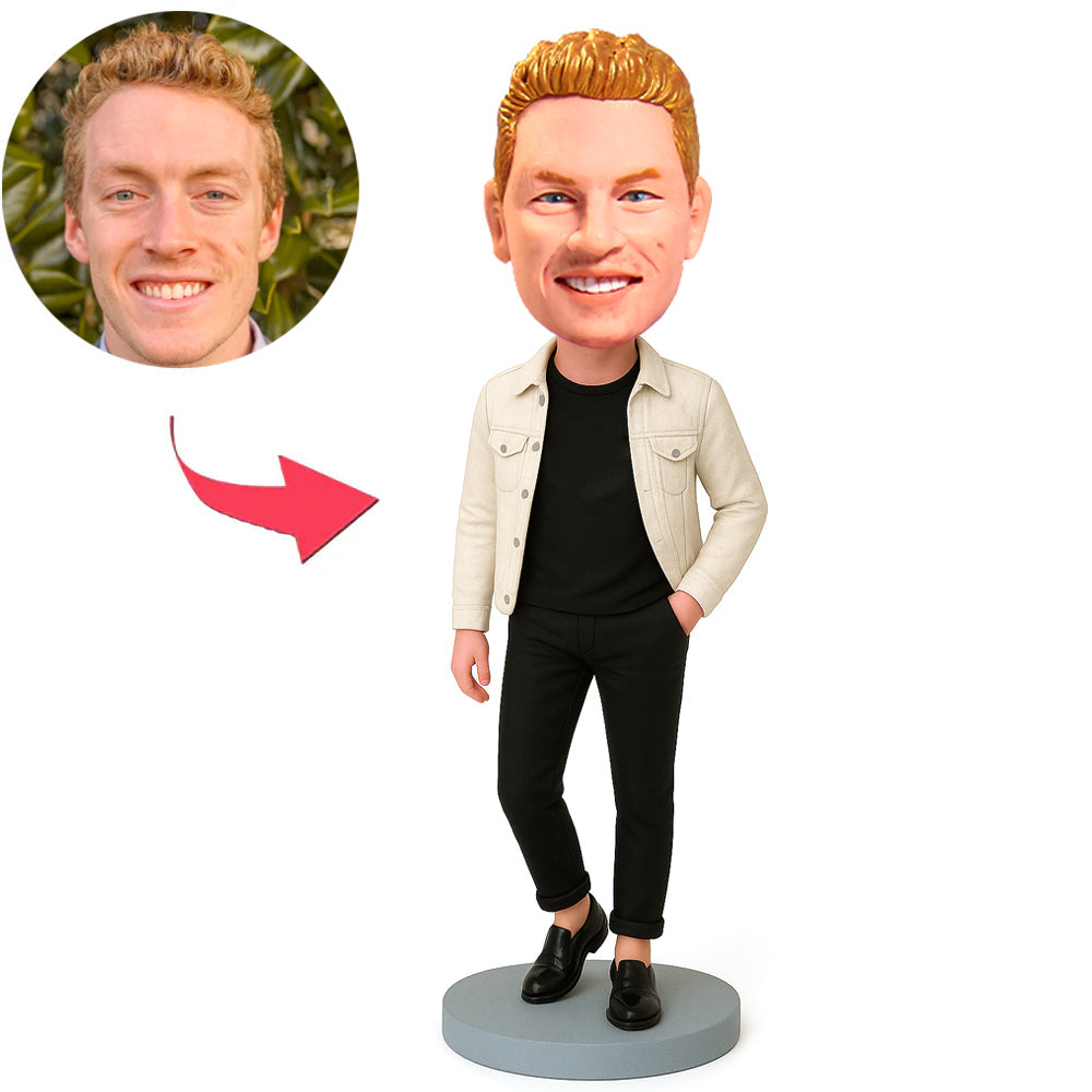 Lässiger Mann in weißer Jacke Benutzerdefinierte Bobbleheads