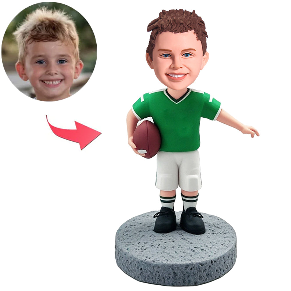 Kid Football Player in Green Shirt Custom Bobbleheads