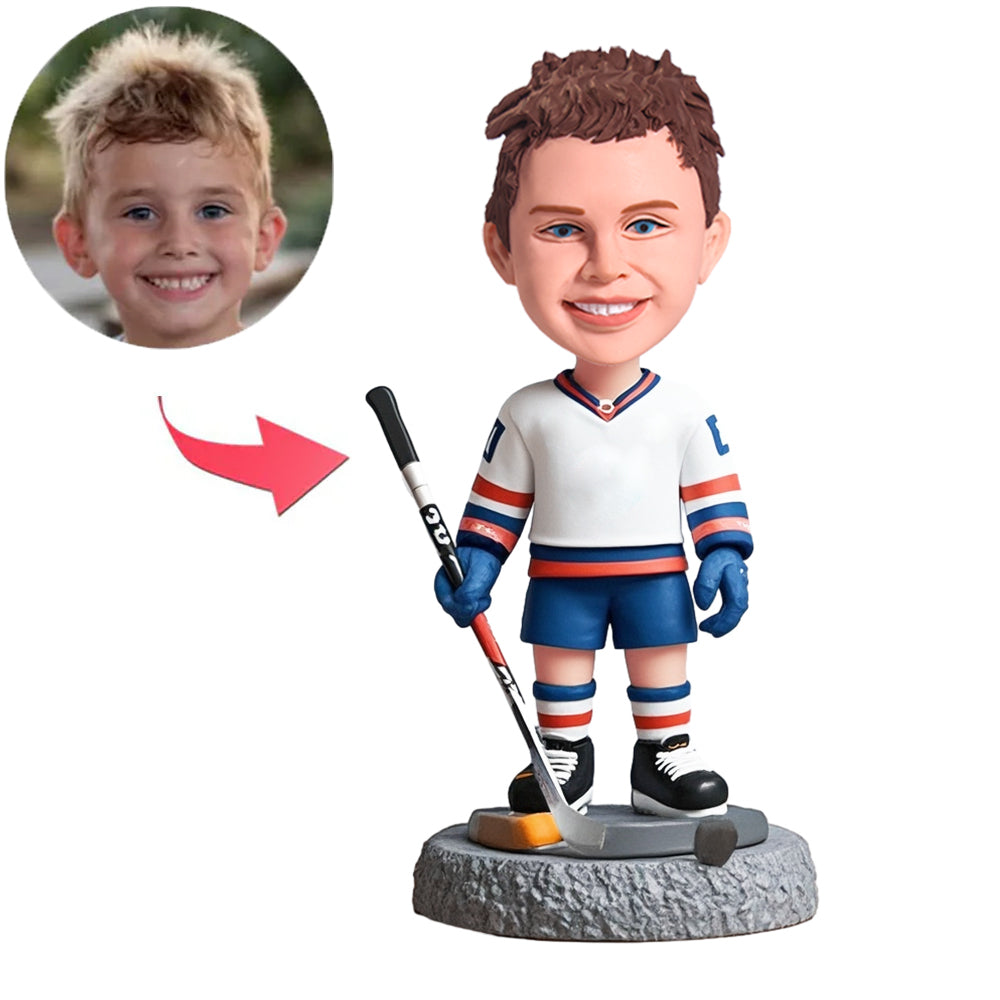 Cooler Kind Eishockeyspieler in blauem Hemd Benutzerdefinierte Bobbleheads
