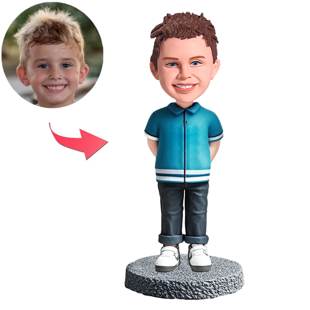Junge in blauem kurzärmeligen Hemd Benutzerdefinierte Bobbleheads