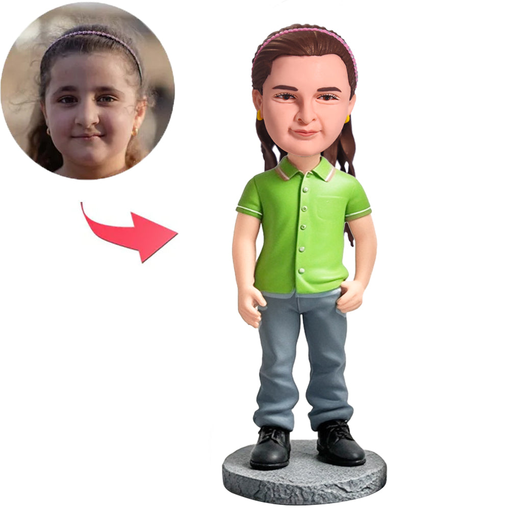 Kleines Mädchen in grüner lässiger Kleidung Benutzerdefinierte Bobbleheads