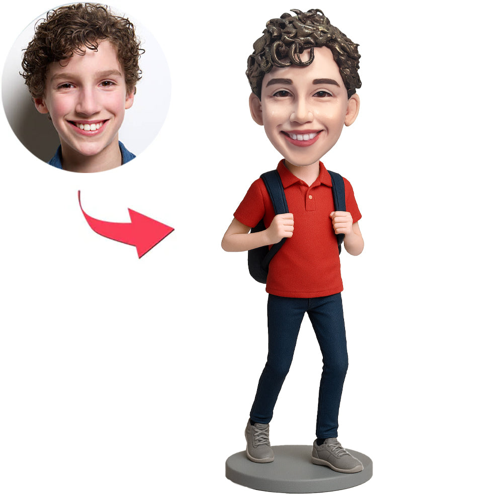 Fröhlicher Junge mit Schulranzen Benutzerdefinierte Bobbleheads