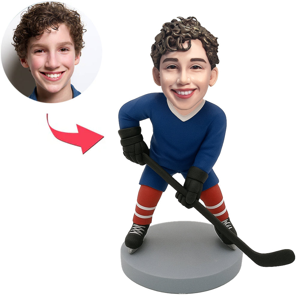 Junge in blauer Kleidung spielt Eishockey Benutzerdefinierte Bobbleheads