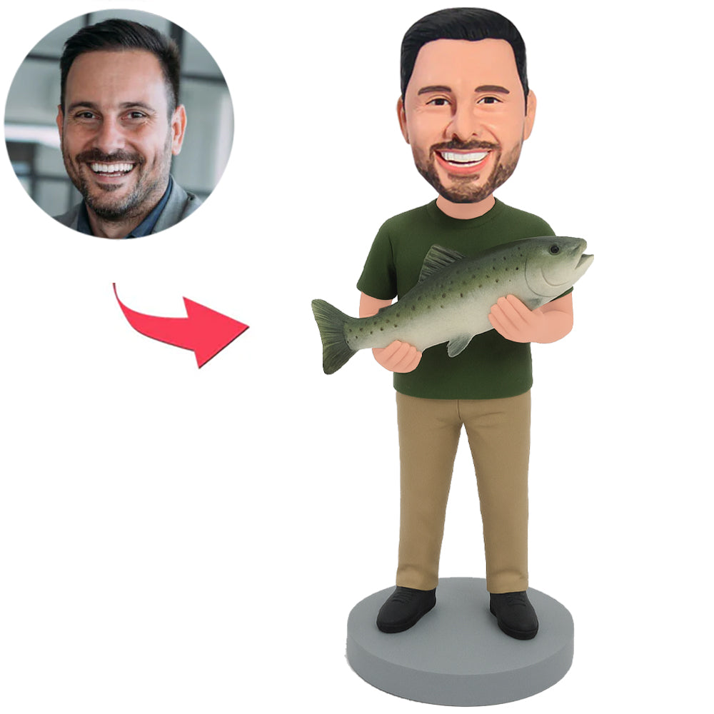 Mann in dunkelgrünem Hemd mit Fisch Benutzerdefinierte Bobbleheads