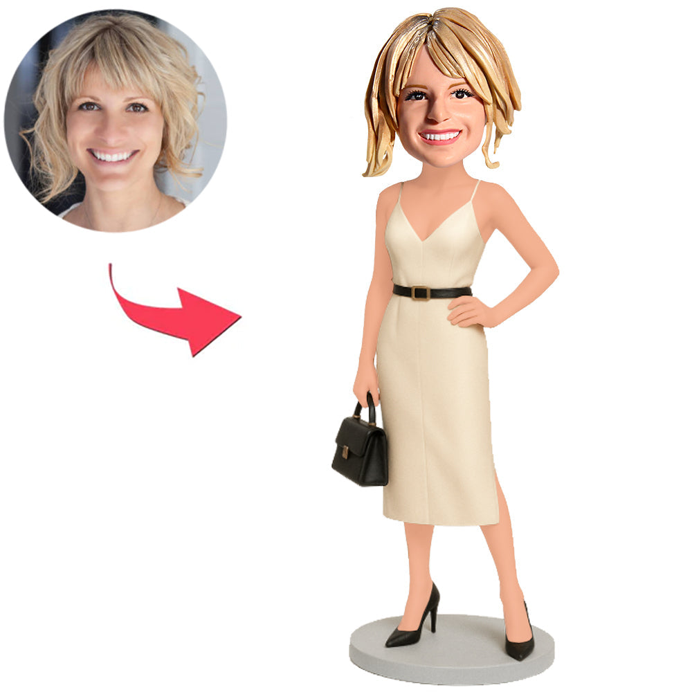 Frau in weißem Kleid mit Tasche Benutzerdefinierte Bobbleheads