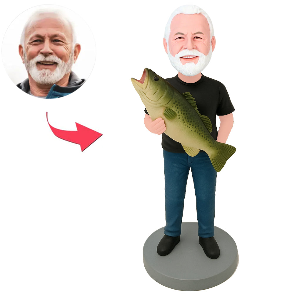 Mann in schwarzem Hemd mit Fisch Benutzerdefinierte Bobbleheads