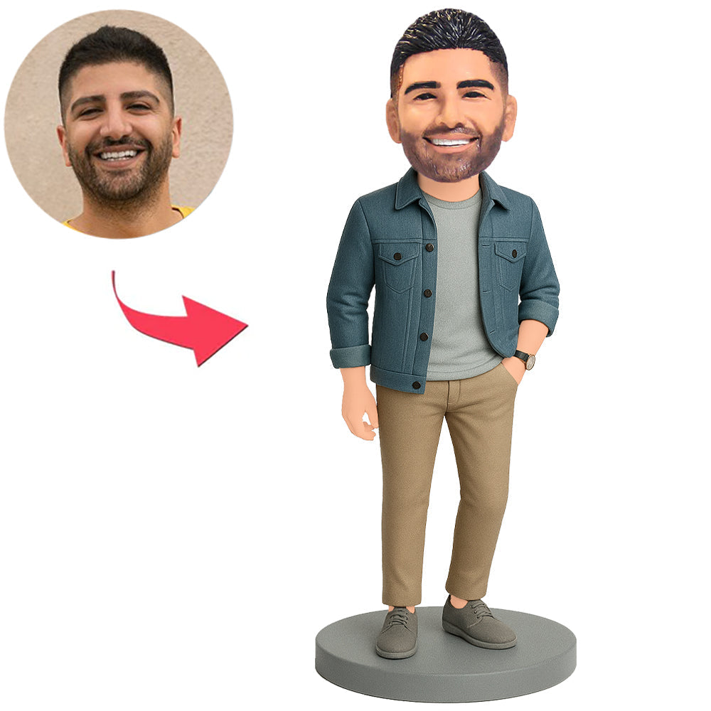Mann in stahlblauer Jacke Benutzerdefinierte Bobbleheads