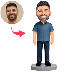 Mann in blauem Kurzarmhemd und blauer Hose Benutzerdefinierte Bobbleheads