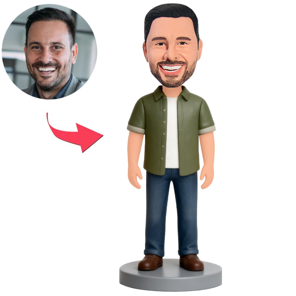Mann in grüner Jacke und blauer Hose Benutzerdefinierte Bobbleheads