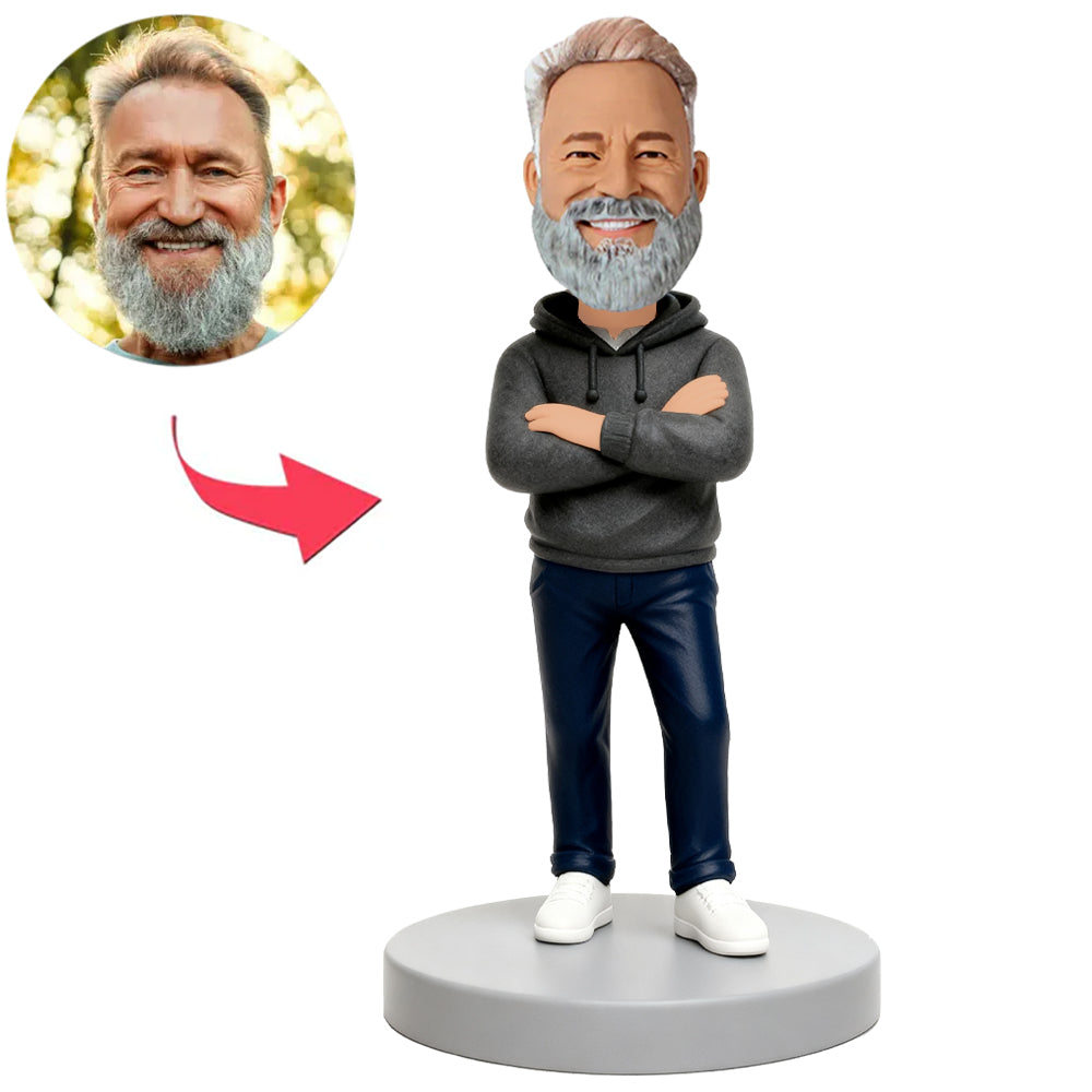 Mann mit grauem Kapuzenpulli und blauer Hose Benutzerdefinierte Bobbleheads