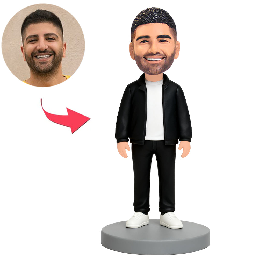 Mann in schwarzer Jacke und schwarzer Hose Benutzerdefinierte Bobbleheads