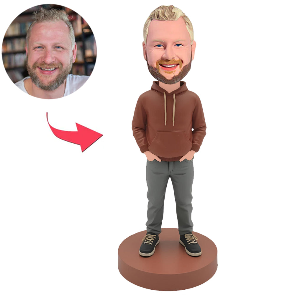 Lässiger Mann mit Kapuzenpulli und grauer Hose Benutzerdefinierte Bobbleheads