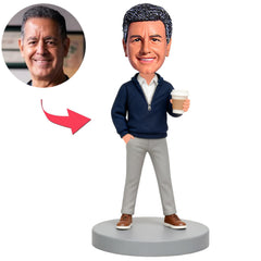 Mann in blauer Kleidung hält Kaffeetasse Benutzerdefinierte Bobbleheads