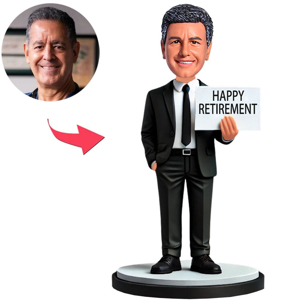 Glücklicher Ruhestand Geschäftsmann Kundenspezifische Bobbleheads mit graviertem Text