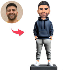 Lässiger Mann mit dunkelblauem Kapuzenpullover Kundenspezifische Bobbleheads