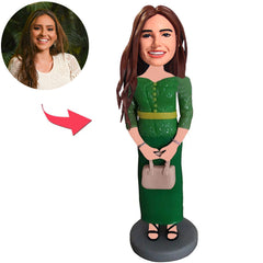 Gut gekleideter grüner Anzug Frauen Kundenspezifische Bobbleheads mit eingraviertem Text