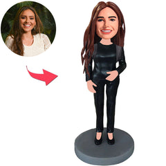 Schwarzer Anzug Mode Moderne weibliche kundenspezifische Bobbleheads mit graviertem Text