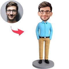 Blaues Hemd-Geschäftsmann-kundenspezifische Bobbleheads addieren Text