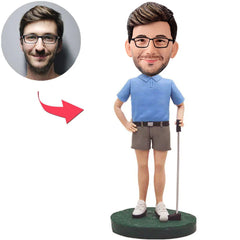 Blaue Hemd-Golfspieler-kundenspezifische Bobbleheads addieren Text