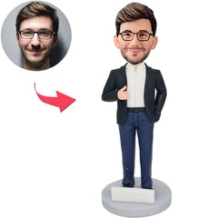 Coole schwarze Anzugs-Mann-kundenspezifische Bobbleheads addieren Text
