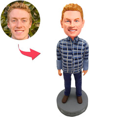 Kundenspezifischer Bobbleheads-Mann in der karierten Jacke addieren Text