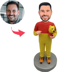 Kundenspezifischer Bobbleheads-Mann, der Bären hält, addieren Text